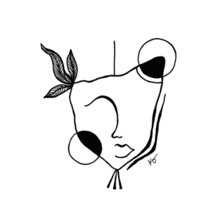 art print of a line drawing of an abstract face with geometry and foliage