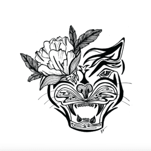 Art print for home decor of a black and white abstract line drawing of an image of a tiger with a flower as one eye.