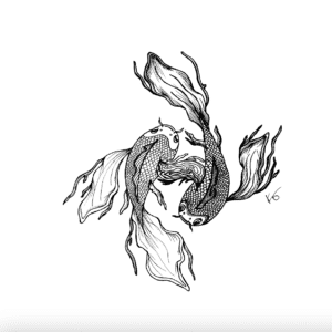 Art print for home decor of a black and white abstract line drawing of an image of two koi fish swimming around each other as yin and yang.
