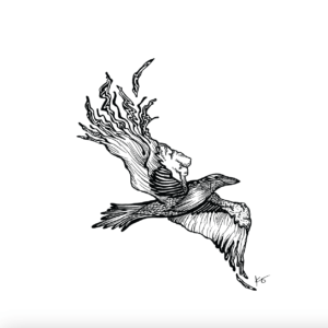 Art print for home decor of a black and white abstract line drawing of an image of a crow or raven flying with mountains as its wings.