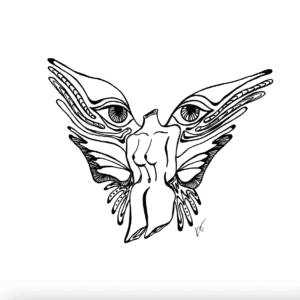 Art print for home decor of a black and white abstract line drawing of an image of a nude body with wings on its back with eyes.