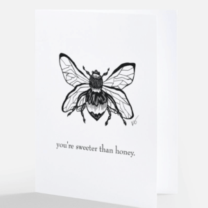Image of greeting card called a love note that says you're sweeter than honey with an abstract line drawing of a bumble bee.